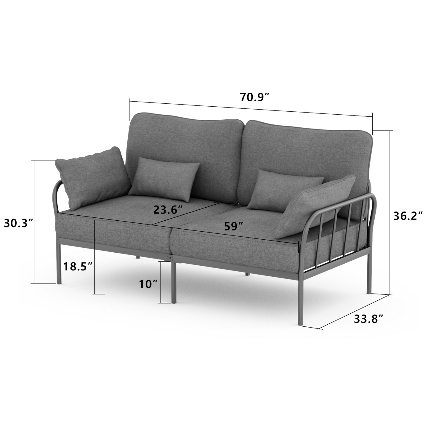 3-Seater Fabric Sofa, HOMPANY Metal Frame Modern Stylish Upholstered Loveseats, Light Gray