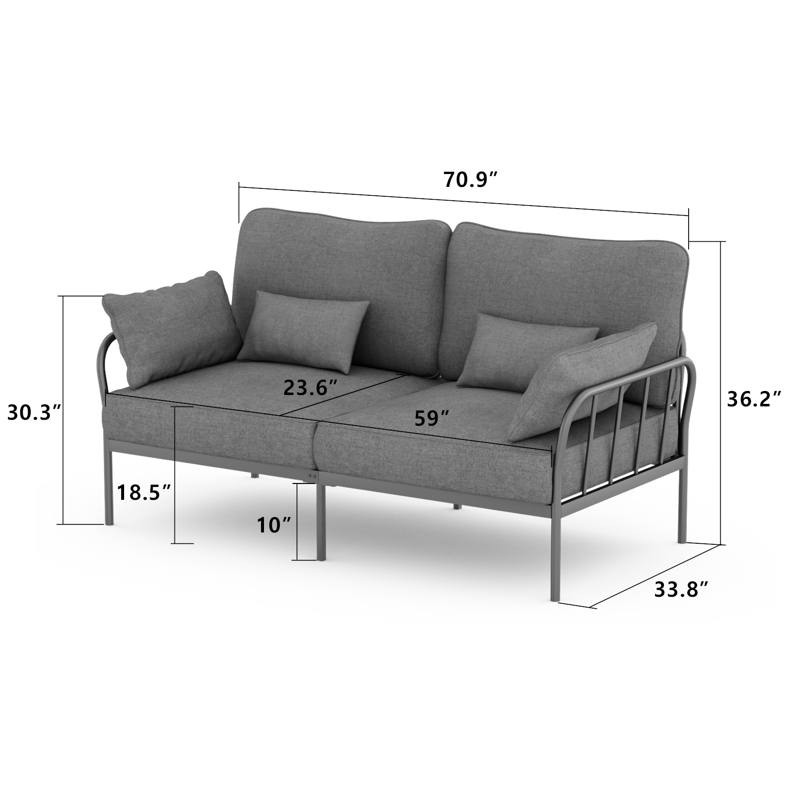 3-Seater Fabric Sofa, HOMPANY Metal Frame Modern Stylish Upholstered Loveseats, Light Gray