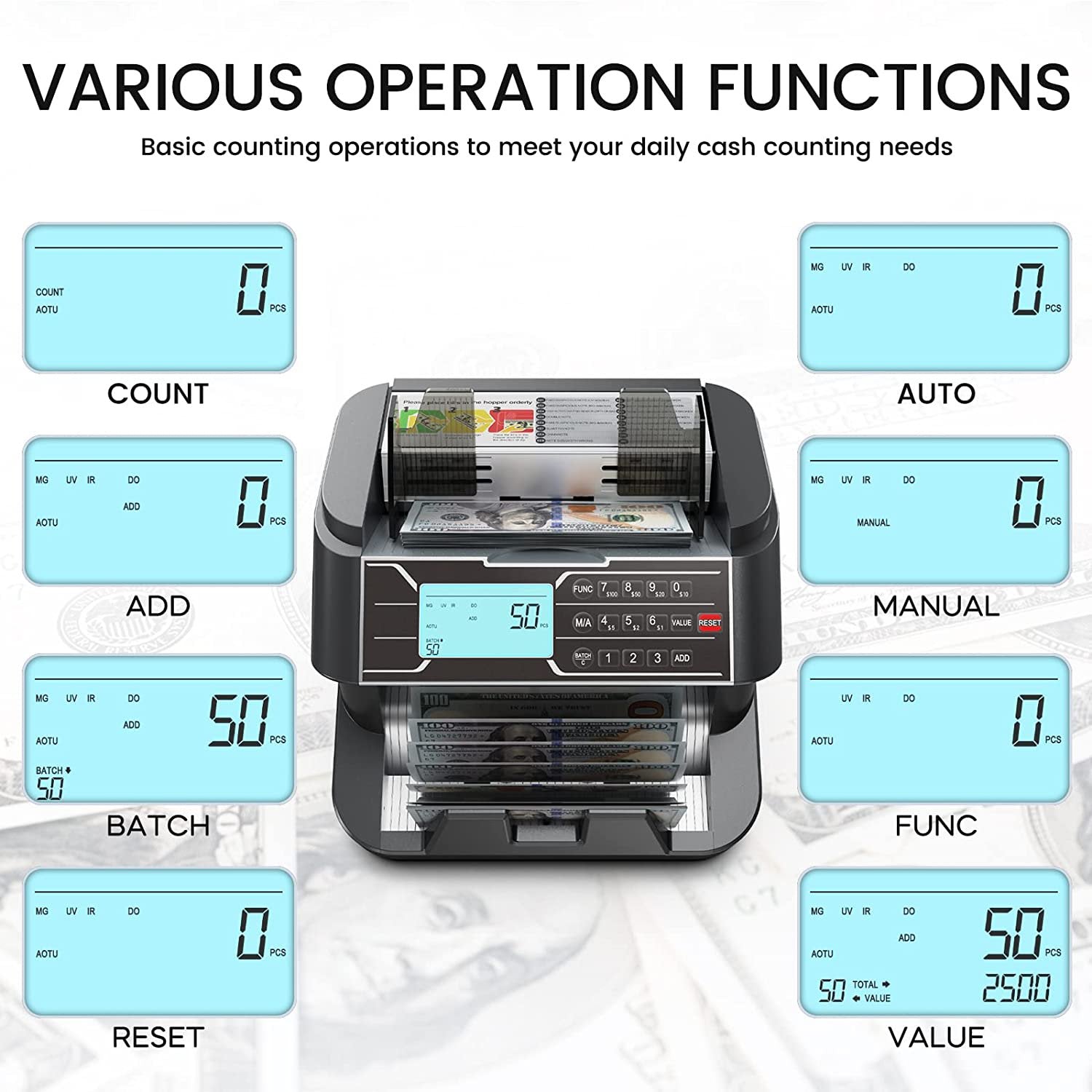 ORFELD Money Counter Machine, UV/MG/IR/DD Counterfeit Detection Vertical Bill Counter, Fixed Denomination Value Counting Sorter, Add and Batch, Large LCD Display, 1200pcs/min