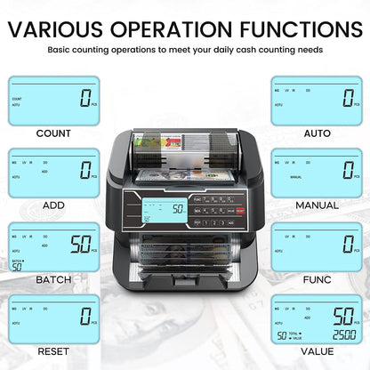 ORFELD Money Counter Machine, UV/MG/IR/DD Counterfeit Detection Vertical Bill Counter, Fixed Denomination Value Counting Sorter, Add and Batch, Large LCD Display, 1200pcs/min