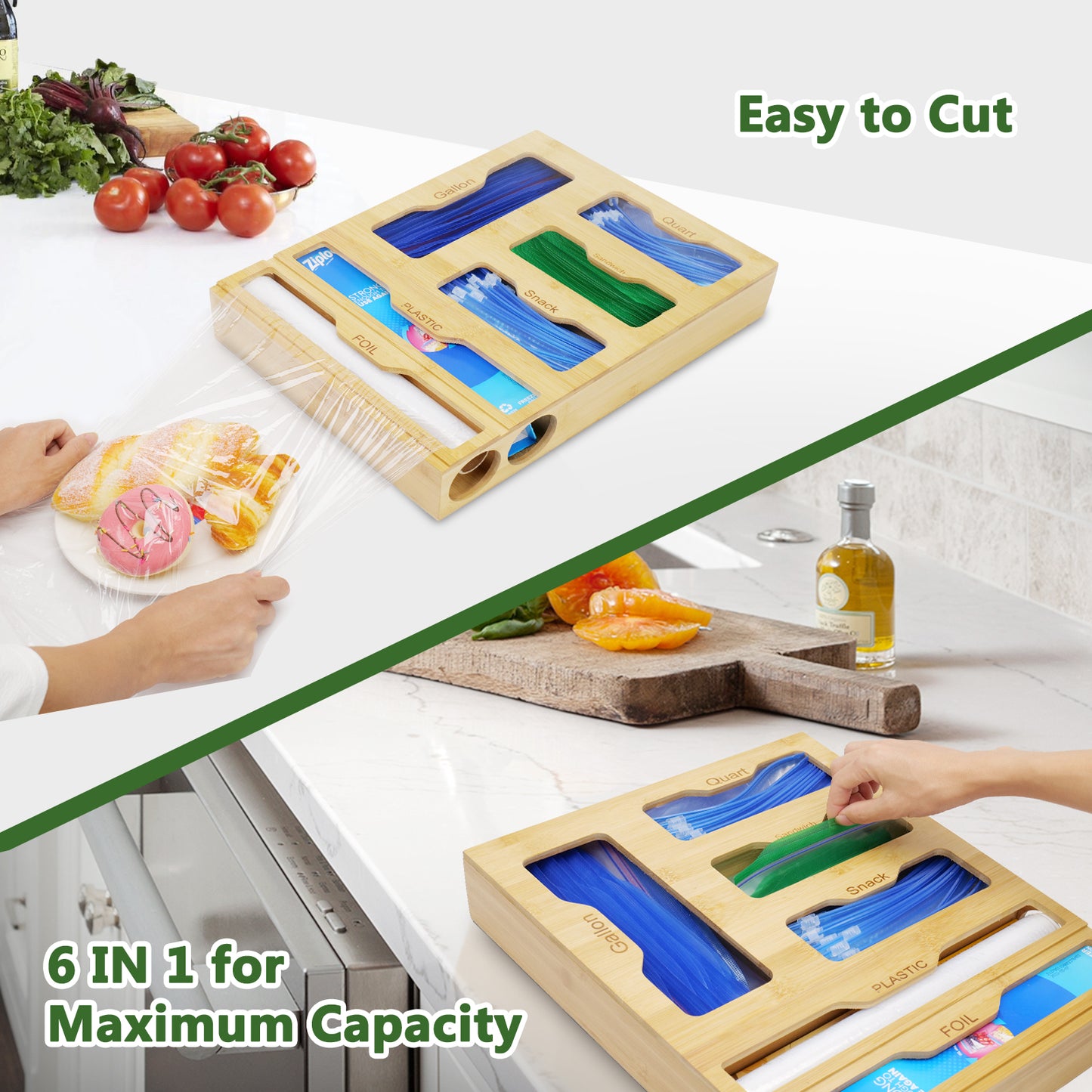 CAUTUM Bamboo Plastic Wrap Dispenser, 6 in 1 Food Bag Sorting Box, Storage Organizer for Kitchen Drawer