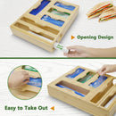 CAUTUM Bamboo Plastic Wrap Dispenser, 6 in 1 Food Bag Sorting Box, Storage Organizer for Kitchen Drawer