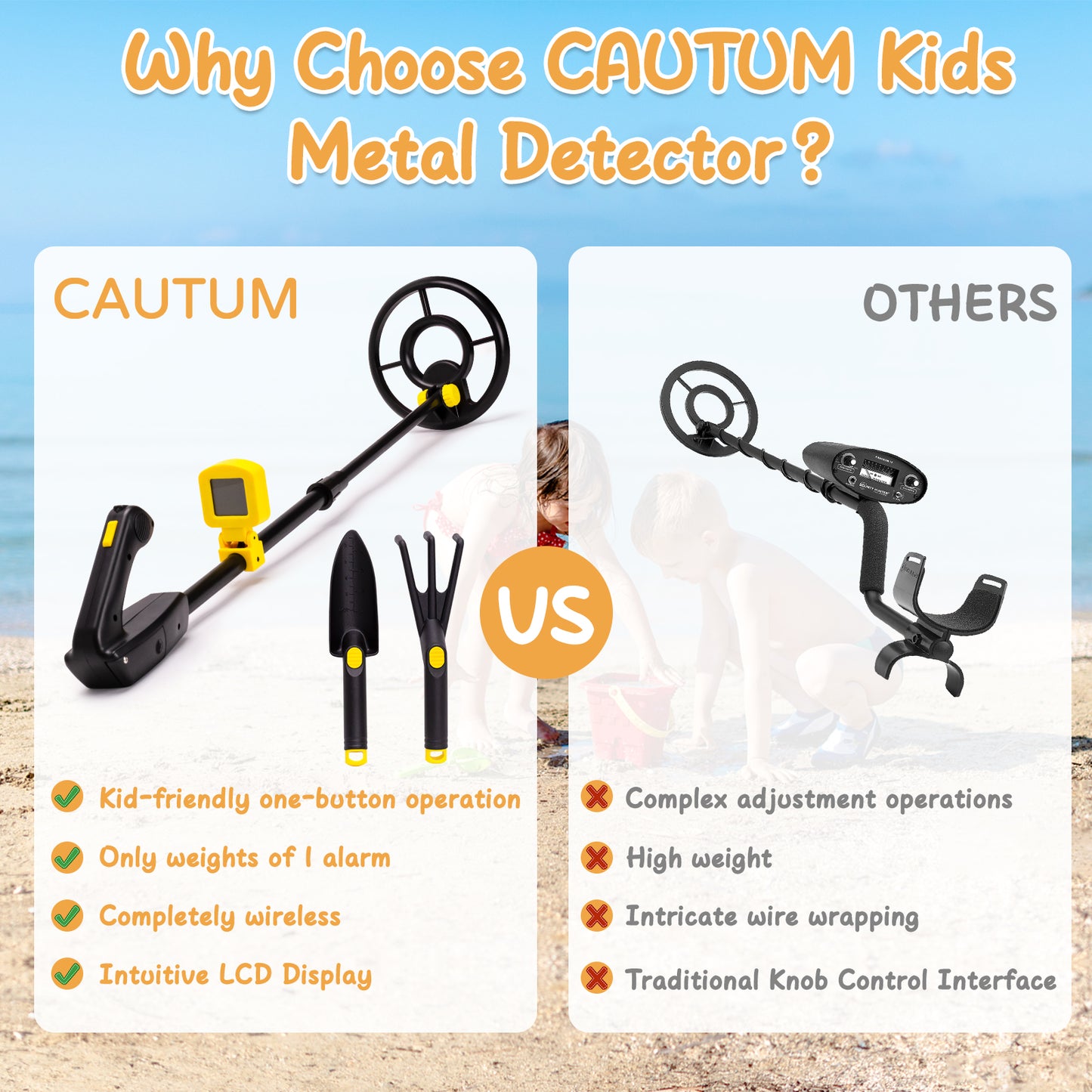 Metal Detector for Kids, CAUTUM Waterproof Search Coil 28" to 35" Adjustable Lightweight Metal Detector, Yellow