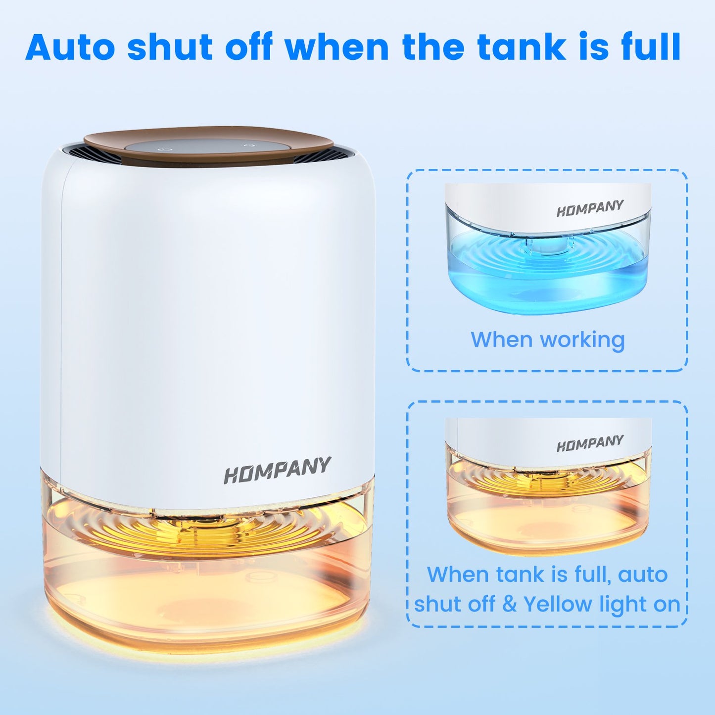 HOMPANY Dehumidifier, 37oz 1100ml, 2200 Cubic feet 240sq ft with 7 Colors LED Light and Auto Shut off, for Bathroom, Bedroom, Closet