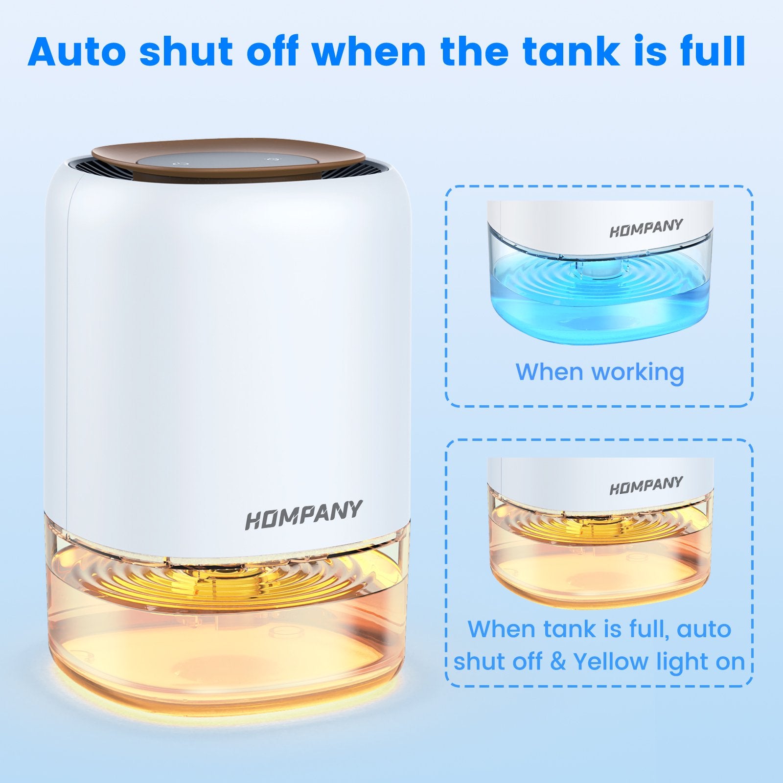 HOMPANY Dehumidifier, 37oz 1100ml, 2200 Cubic feet 240sq ft with 7 Colors LED Light and Auto Shut off, for Bathroom, Bedroom, Closet