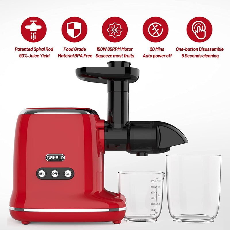 ORFELD Masticating Juicer for Fruits & Vegetable Cold Press Juicer with 95% Juice Yield Purest Juice, Easy Cleaning & Quiet Motor Masticating (Red)