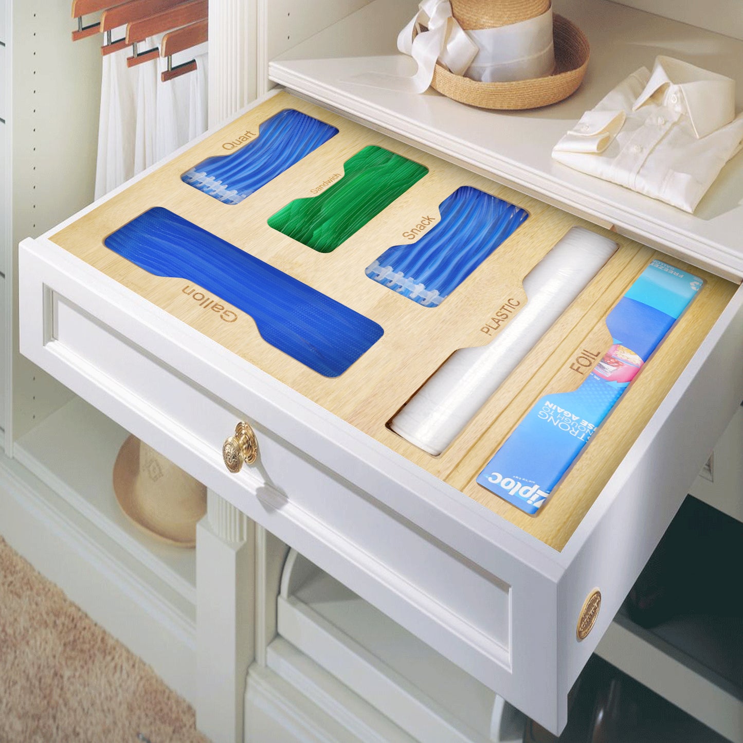 CAUTUM Bamboo Plastic Wrap Dispenser, 6 in 1 Food Bag Sorting Box, Storage Organizer for Kitchen Drawer