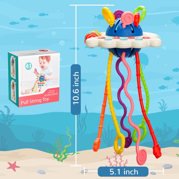 CAUTUM 4 in 1 Pull String Toy for Baby, Montessori Sensory Toys, Silicone Early Learning Travel Toys for Toddlers 1 2 3 Year Olds