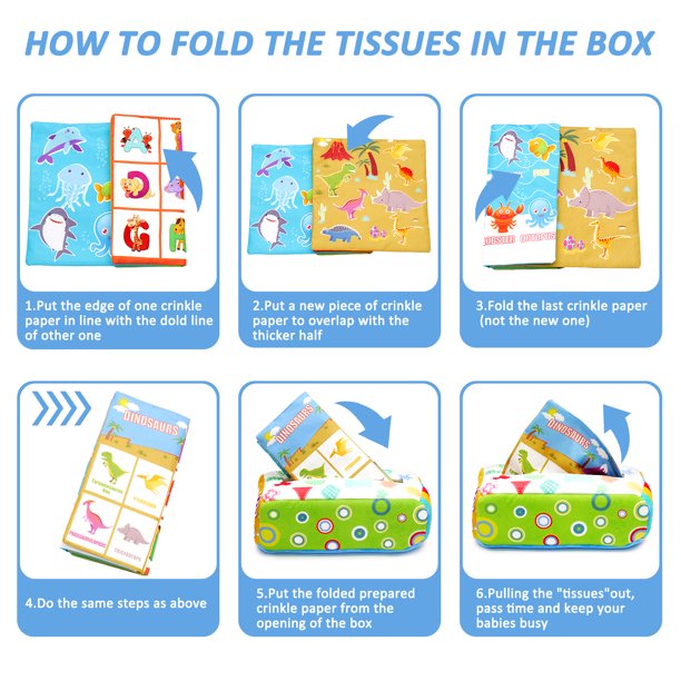 Baby Tissue Box Toy, CAUTUM Soft Pull Along Sensory Box for Toddlers, Crinkle Paper Boys Girls Early Education Toy Gift