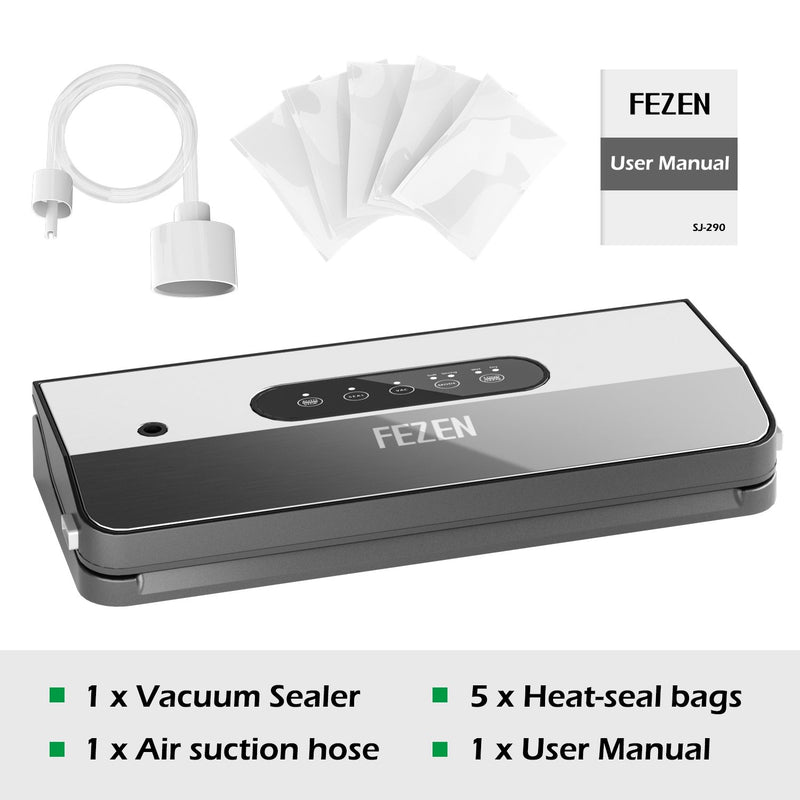 FEZEN Vacuum Sealer Machine, Automatic Food Sealer for Food Savers with Starter Kit, Dry & Moist Modes, LED Screen Indicator, Compact Vacuum Sealer, Easy to Clean, Silver&Black