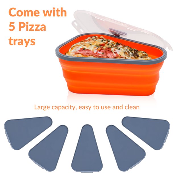 Reusable Pizza Storage Container, CAUTUM Silicone Pizza Slice Storage Container with 5 Microwavable Serving Trays, Adjustable Pizza Leftover Container with Lid Orange