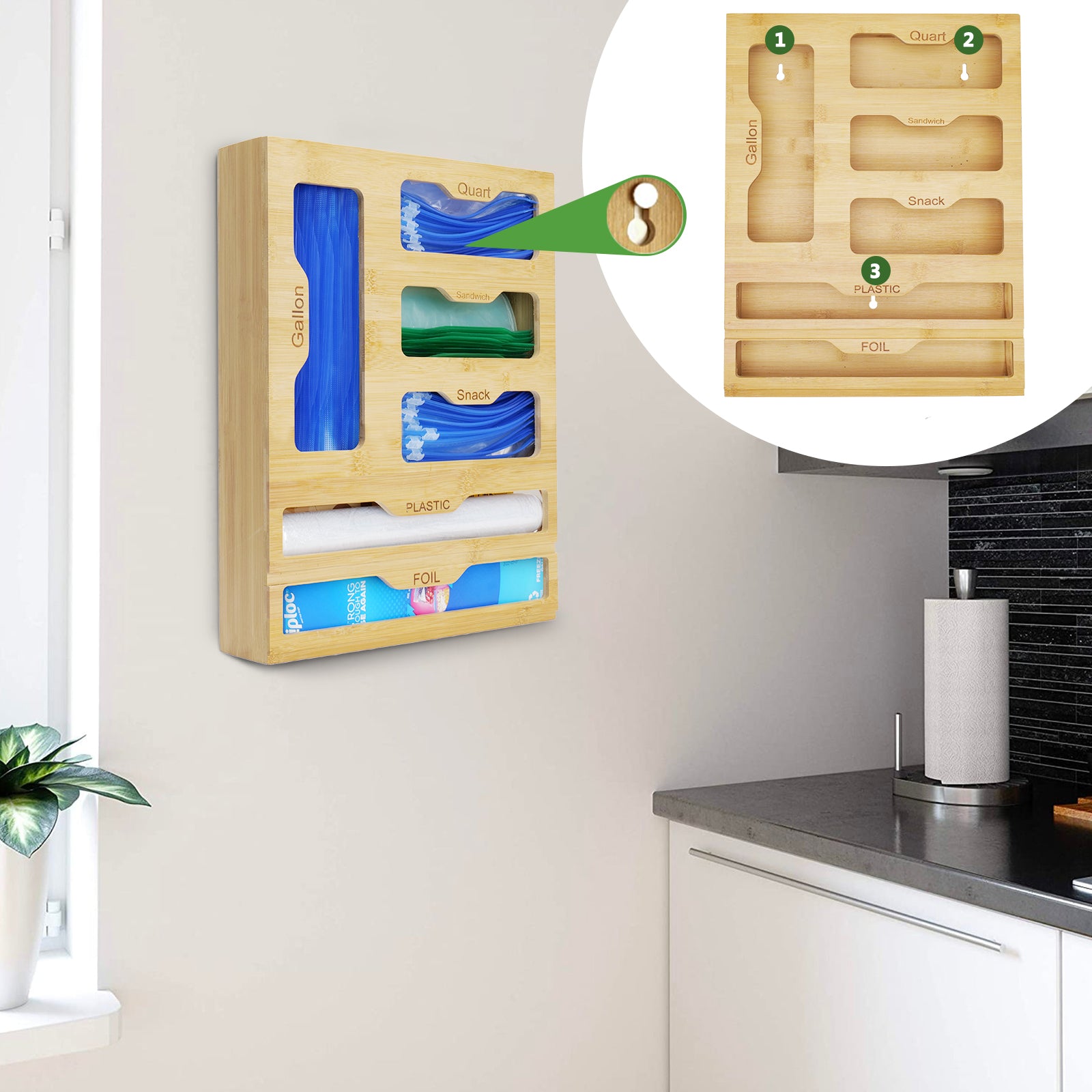 CAUTUM Bamboo Plastic Wrap Dispenser, 6 in 1 Food Bag Sorting Box, Storage Organizer for Kitchen Drawer