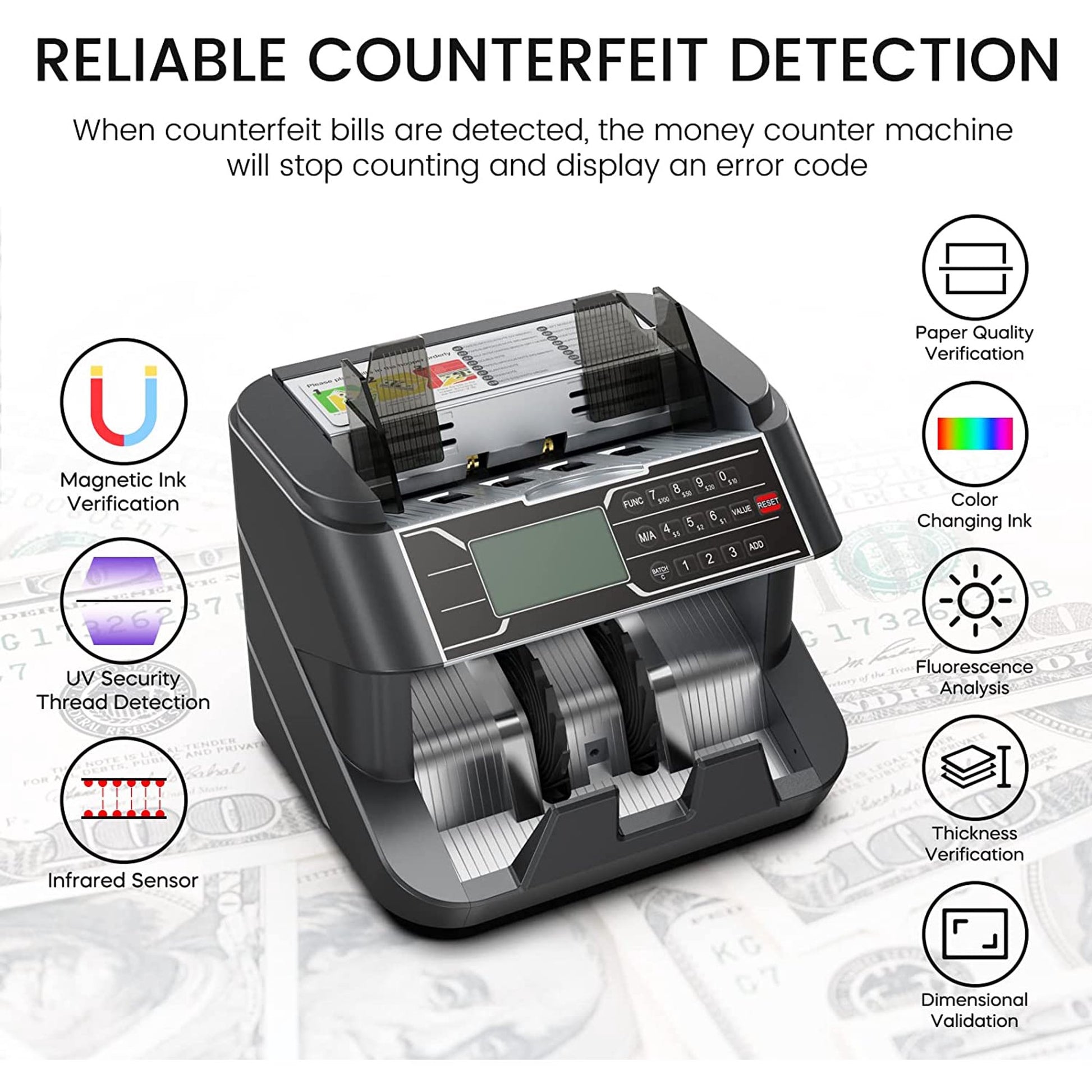 ORFELD Money Counter Machine, UV/MG/IR/DD Counterfeit Detection Vertical Bill Counter, Fixed Denomination Value Counting Sorter, Add and Batch, Large LCD Display, 1200pcs/min