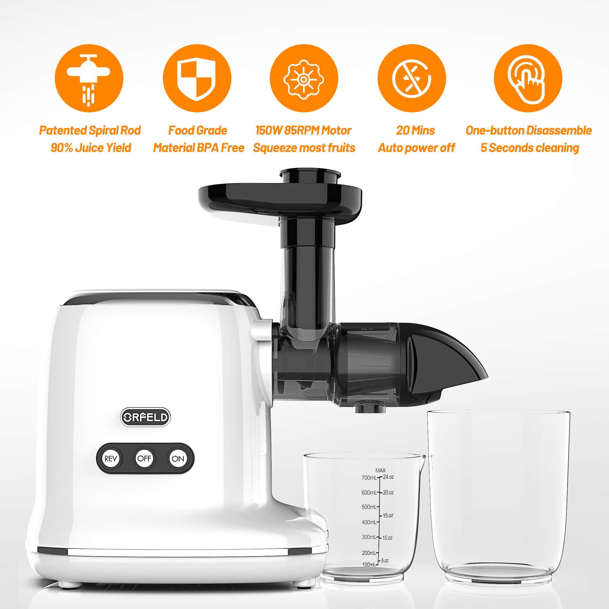 ORFELD Slow Masticating Juicer for Vegetables & Fruits with 90% Juice Yield