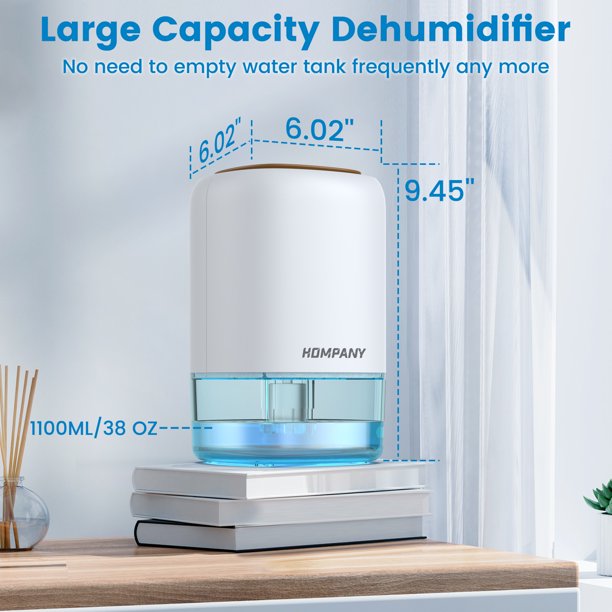 HOMPANY Dehumidifier, 38oz 1100ml Dehumidifiers, 2200 Cubic feet 240sq ft Dehumidifier with 7 Colors LED Light and Auto Shut-off for Basements, Bathroom, Bedroom