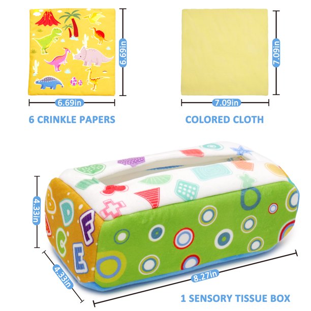 Baby Tissue Box Toy, CAUTUM Soft Pull Along Sensory Box for Toddlers, Crinkle Paper Boys Girls Early Education Toy Gift