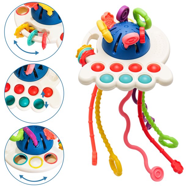 CAUTUM 4 in 1 Pull String Toy for Baby, Montessori Sensory Toys, Silicone Early Learning Travel Toys for Toddlers 1 2 3 Year Olds