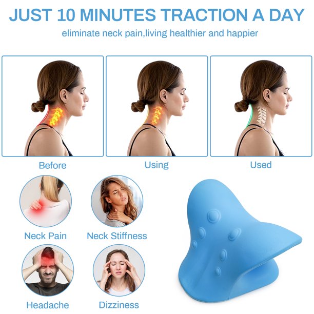 Neck and Shoulder Relaxer, Cervical Traction Device Neck Stretcher for TMJ Pain Relief, Chiropractic Pillow Blue