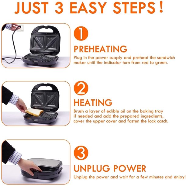 ORFELD Sandwich Maker, Panini Press Grill, 750 Watt 3 In 1 Detachable Non-Stick Coating with Led Indicator Lights