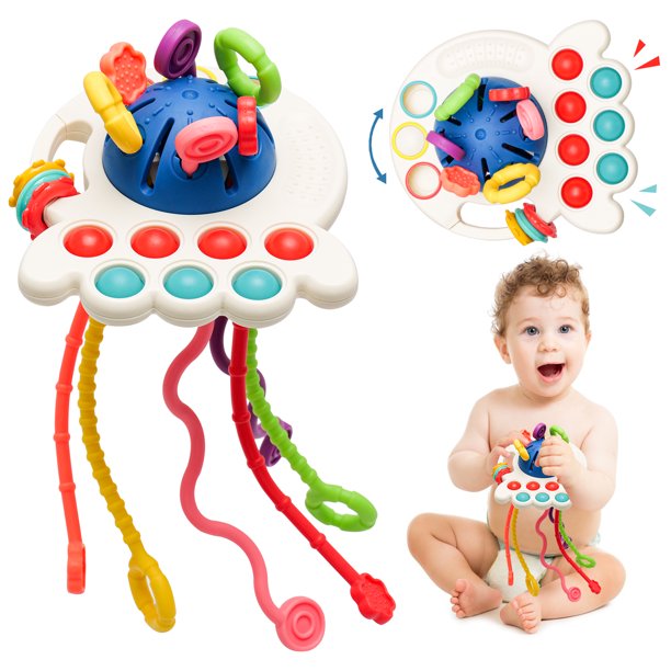 CAUTUM 4 in 1 Pull String Toy for Baby, Montessori Sensory Toys, Silicone Early Learning Travel Toys for Toddlers 1 2 3 Year Olds